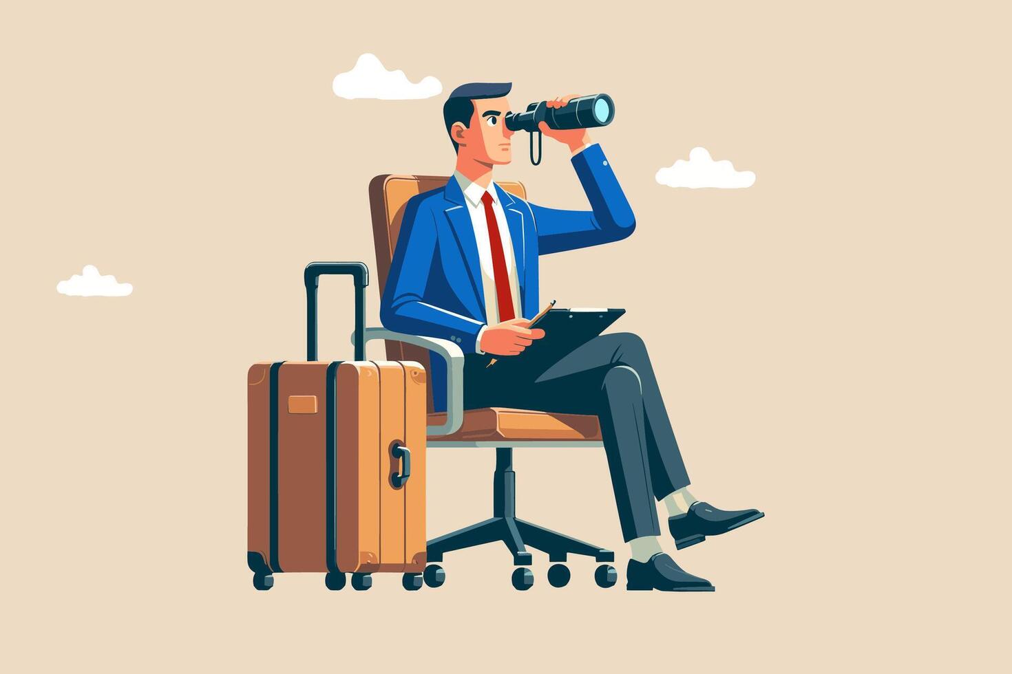 Searching for New Business Opportunities. Illustration of a businessman sitting on an office chair with wheels, holding a suitcase in his left hand and binoculars in his right vector
