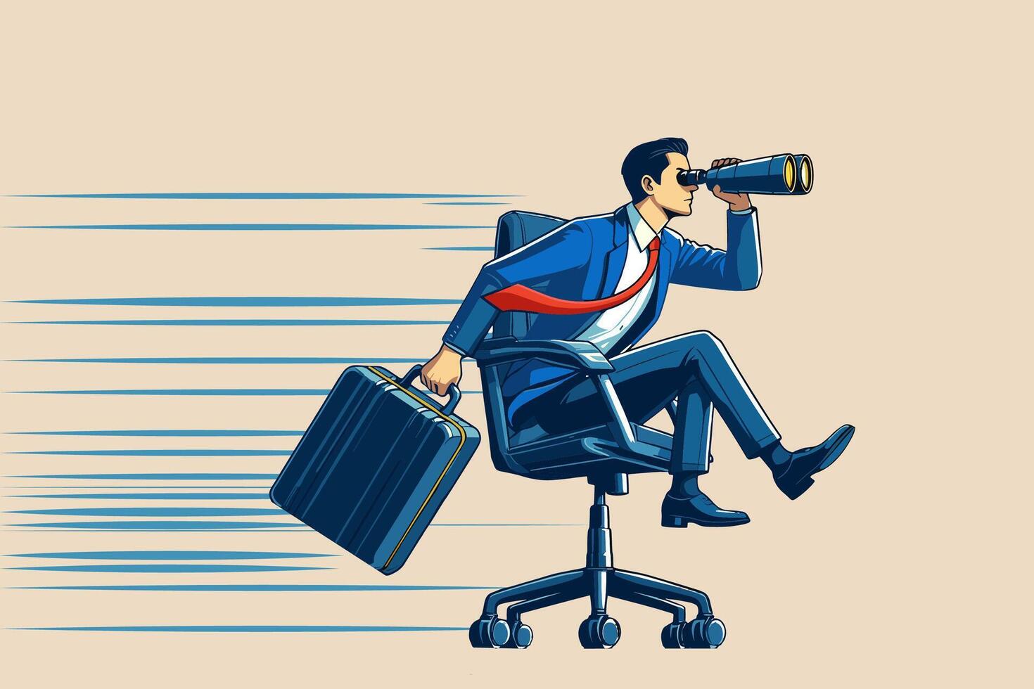 Career future, new job opportunity or visionary to success in work concept, businessman riding office chair using telescope to see future and the way forward vector