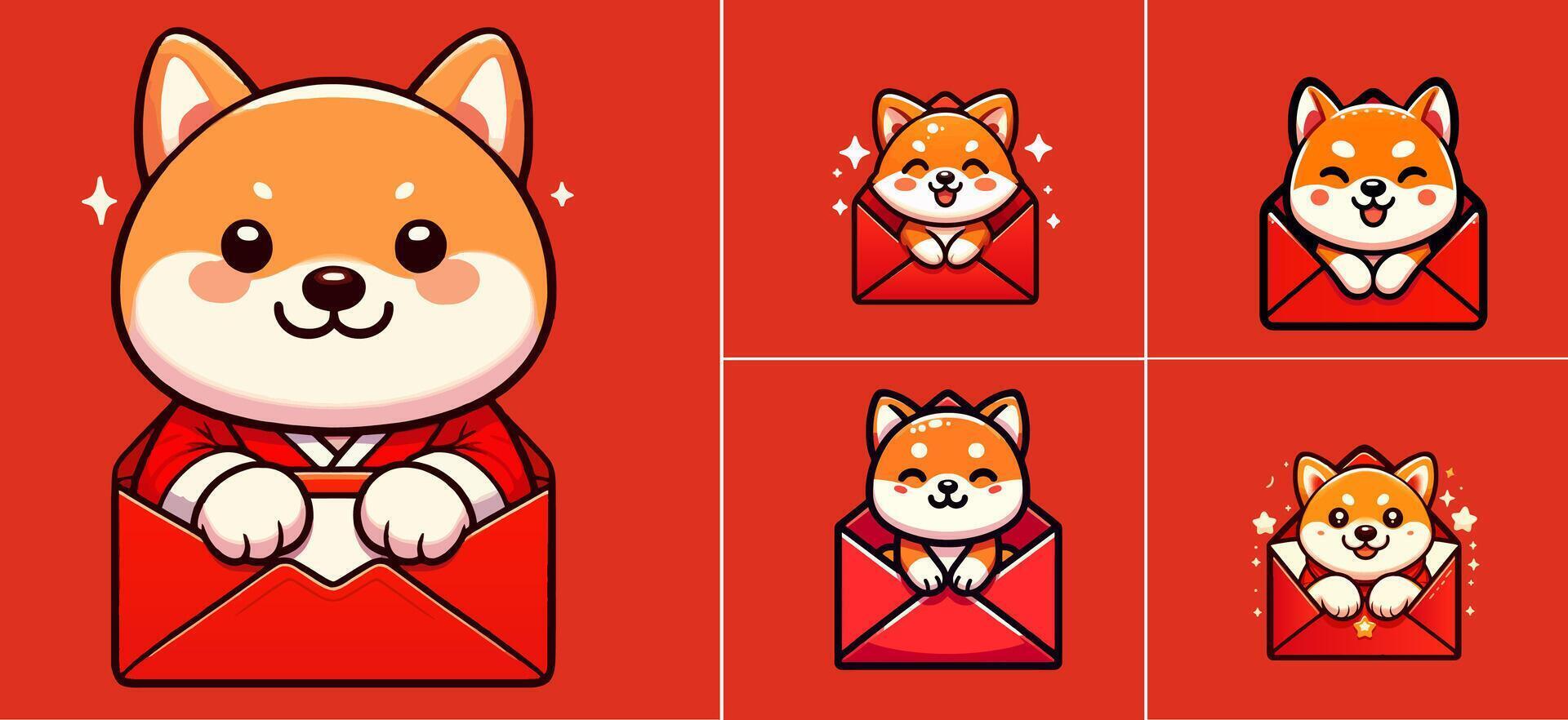 logo set of chibi dog isolated on a red lucky envelope background vector