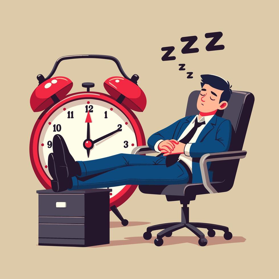 Afternoon slump, laziness and procrastination postpone work to do later, boredom and sleepy work concept, businessman sleeping lay down on office chair and alarm clock covered vector