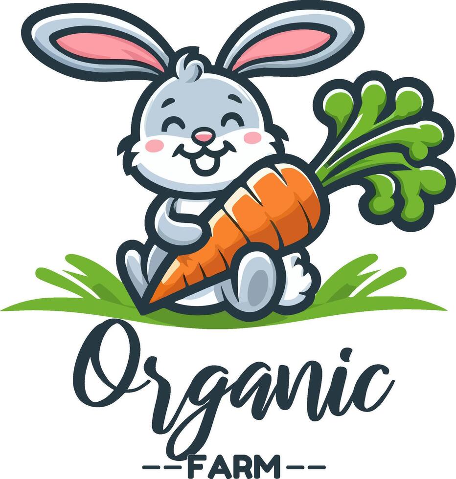 logo A cheerful cartoon rabbit holding a carrot with the text Organic Farm using handwritten font vector