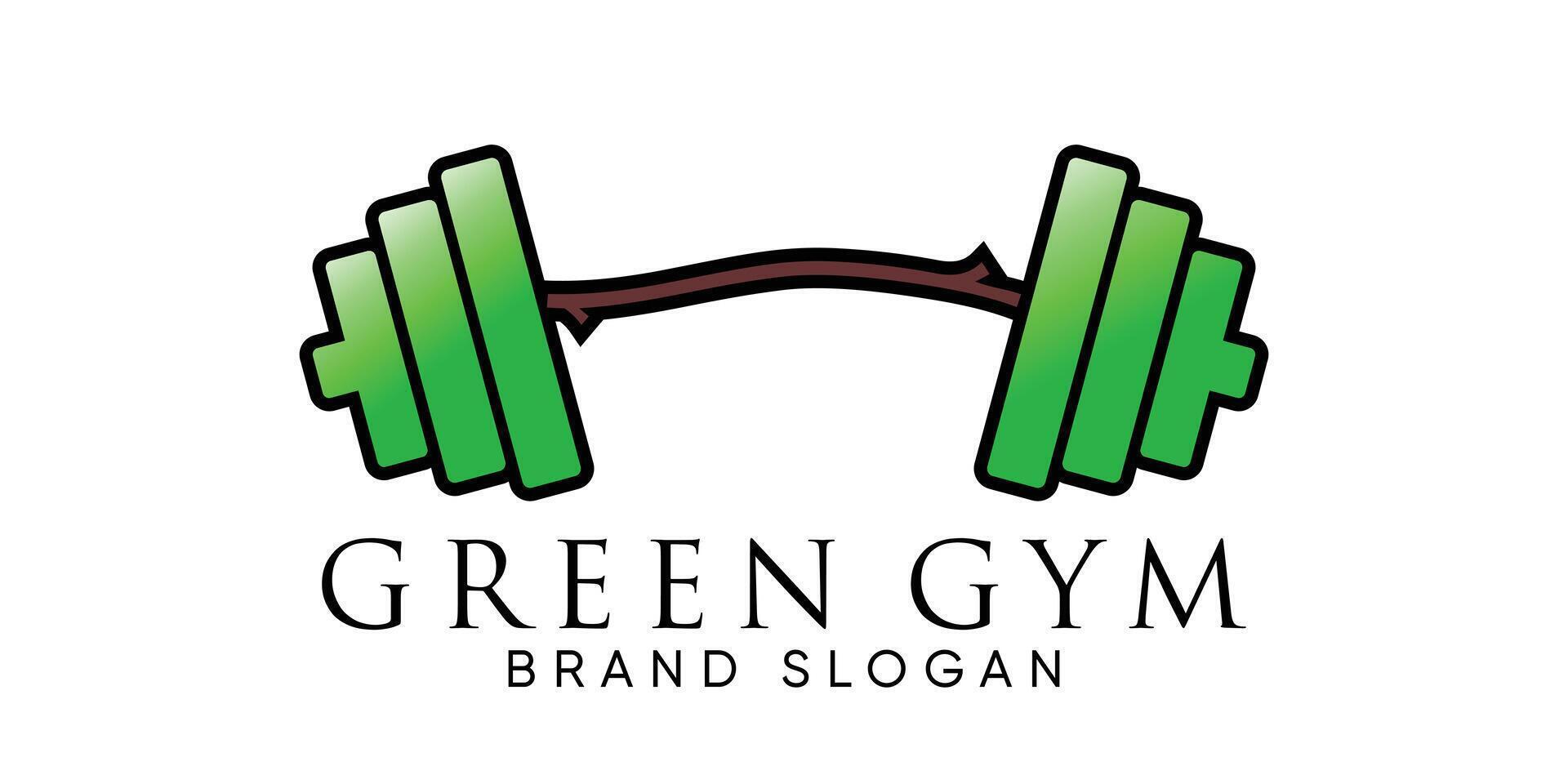 Green Gym station logo with barble and wood shape creative design vector