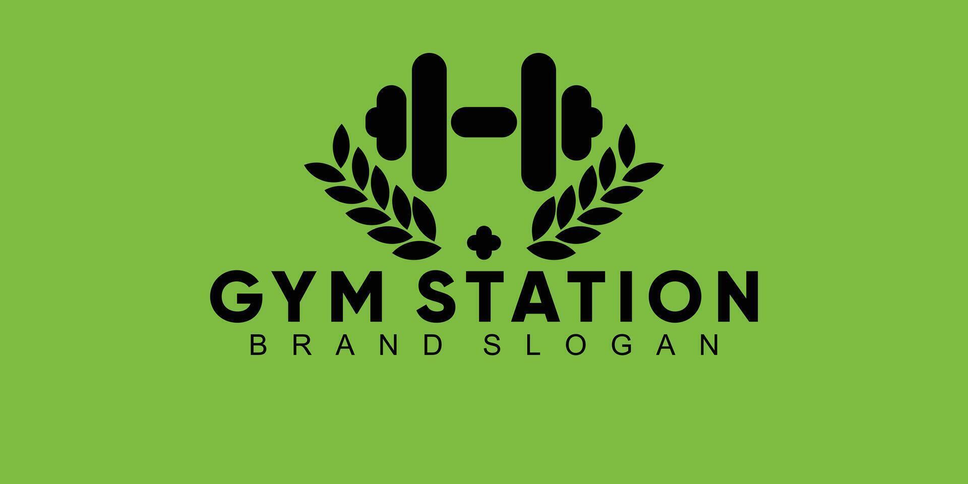 Gym station logo with barble shape and health symbol vector