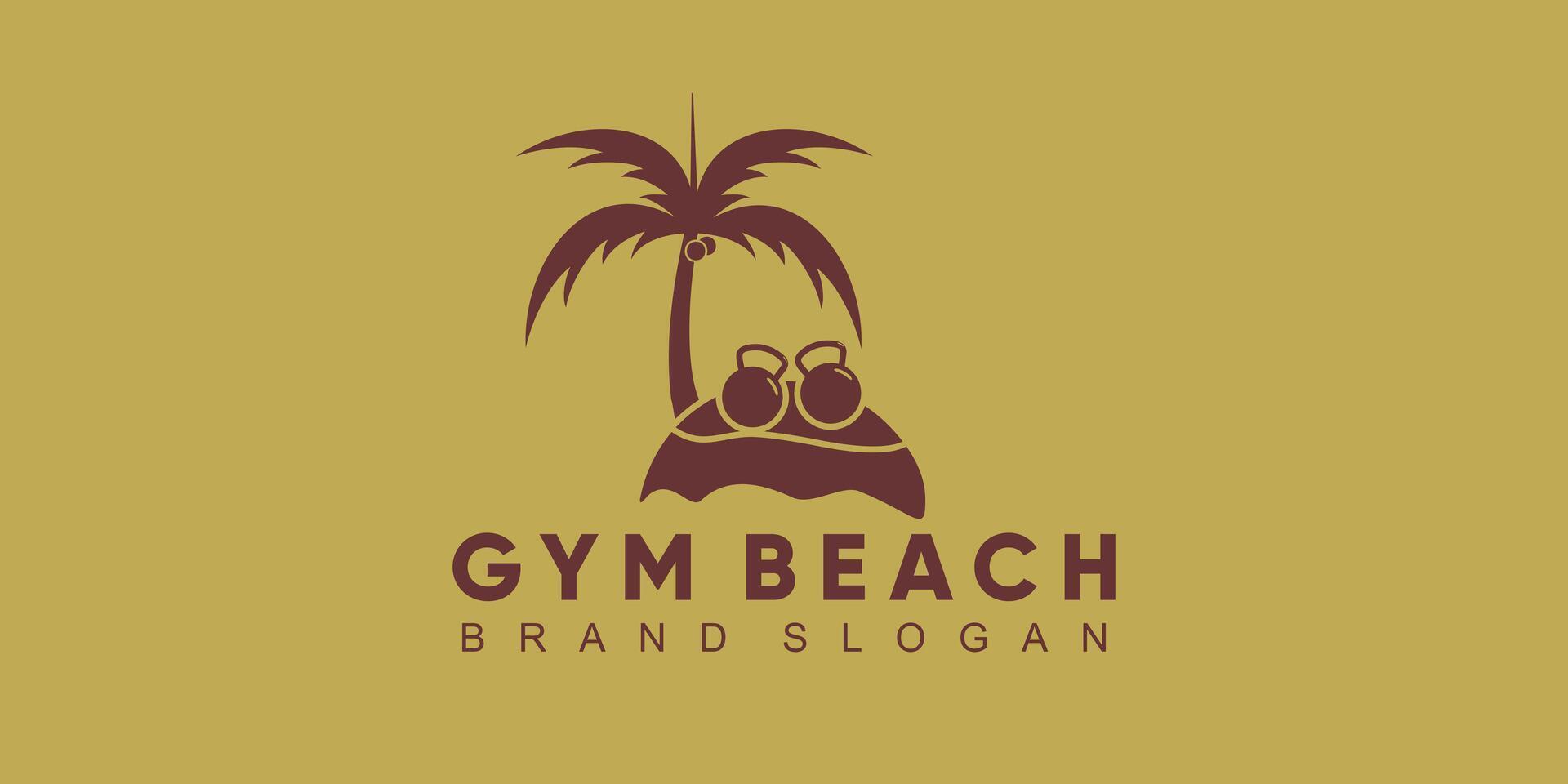 Gym Beach  logo with palm shape and barble symbol vector