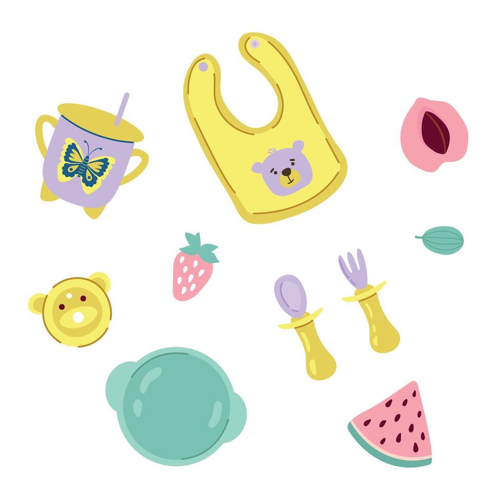 A set of children's cutlery items. White background, isolate. vector