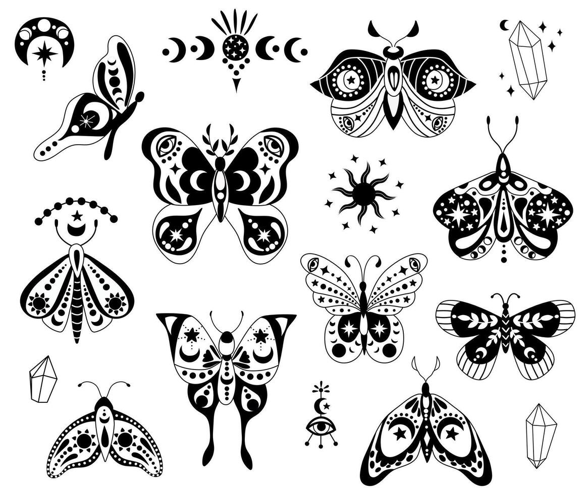 Set of Mystical Butterflies. White background, isolate vector