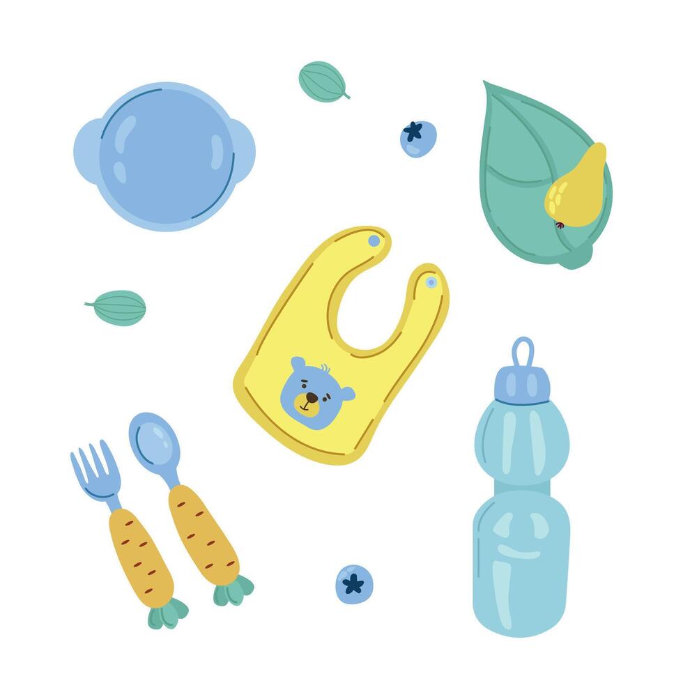 A set of children's cutlery items. White background, isolate. vector