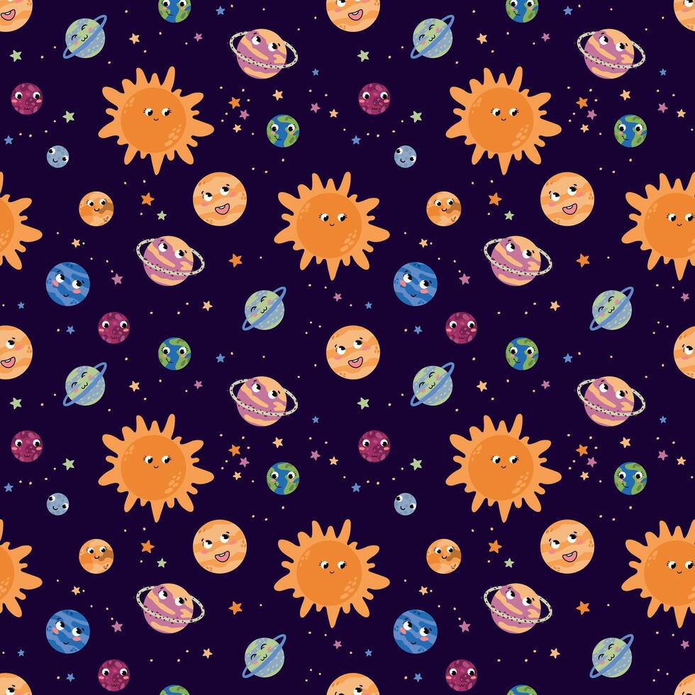 Seamless solar system pattern. Planets, Sun, Space vector