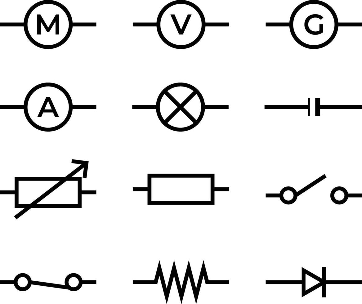 física electrónico circuito símbolos, icono señales vector