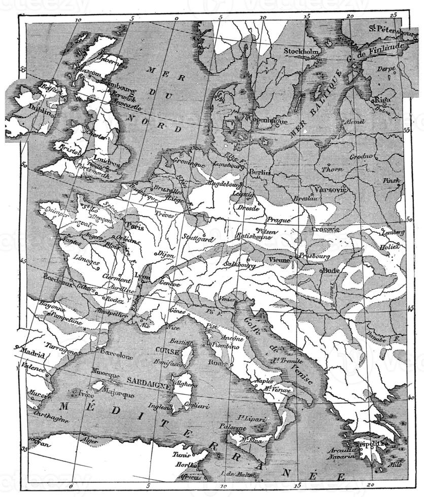 Map showing the extent of the area that was covered by the sea since the beginning of the Eocene period, vintage engraving. photo