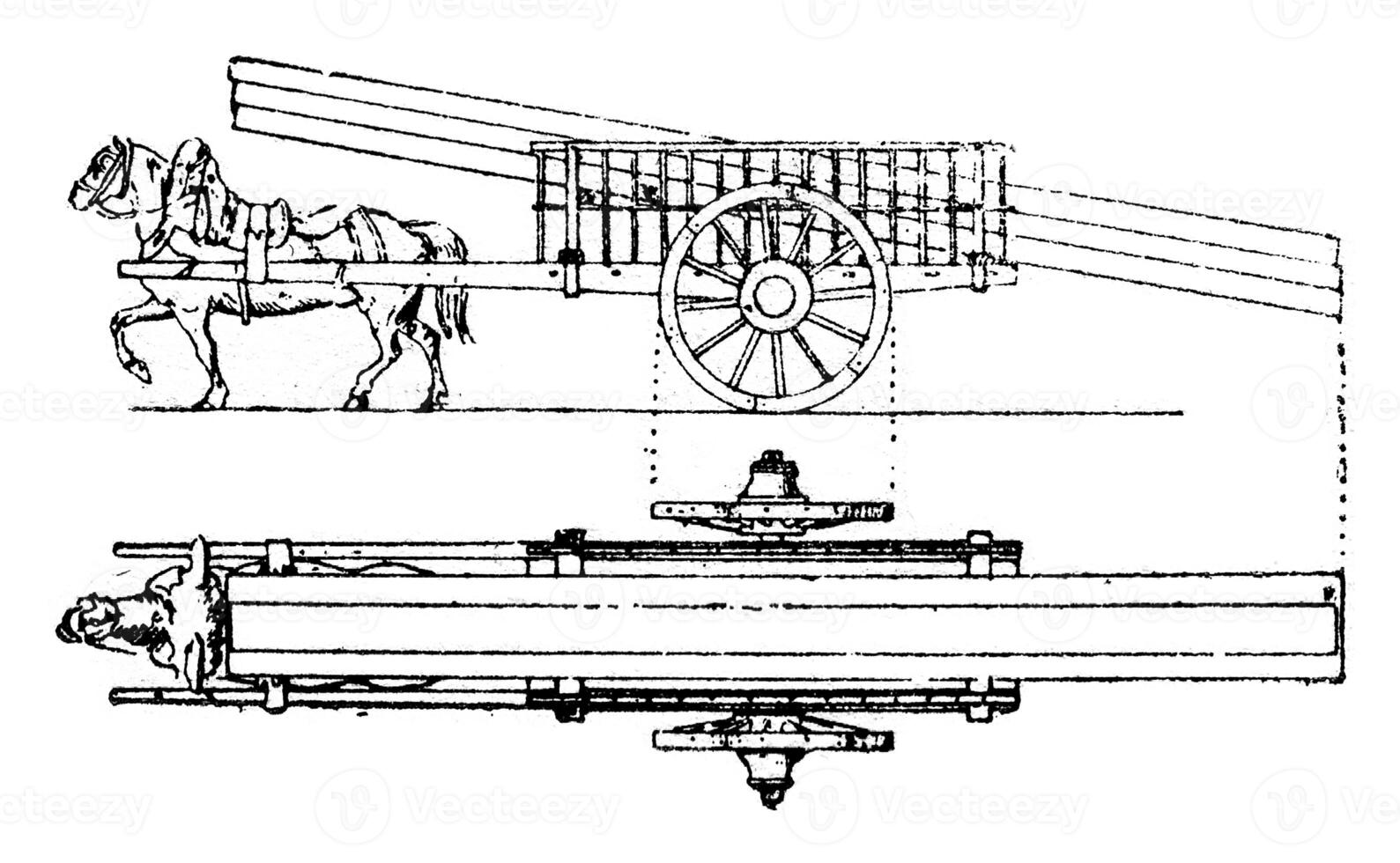 Cladding of wooden pieces on a flatbed truck, vintage engraving. photo