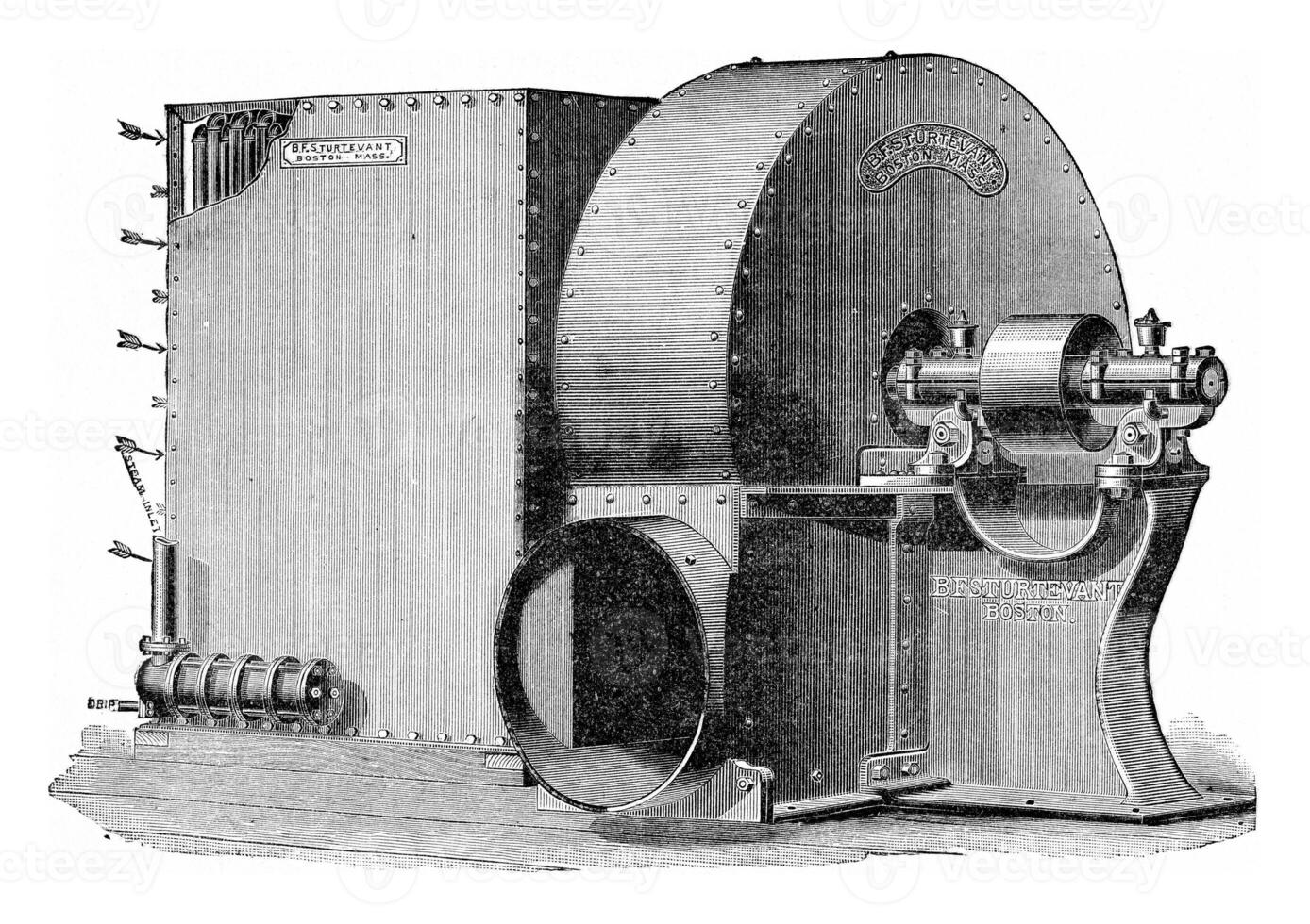 Group calorigenic Sturtevant, with fan control via pulley, vintage engraving. photo