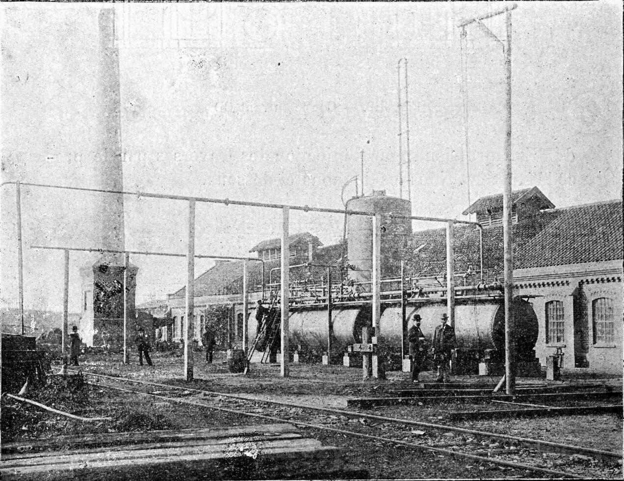 Exterior view of a Rutgers injection plant, vintage engraving. photo