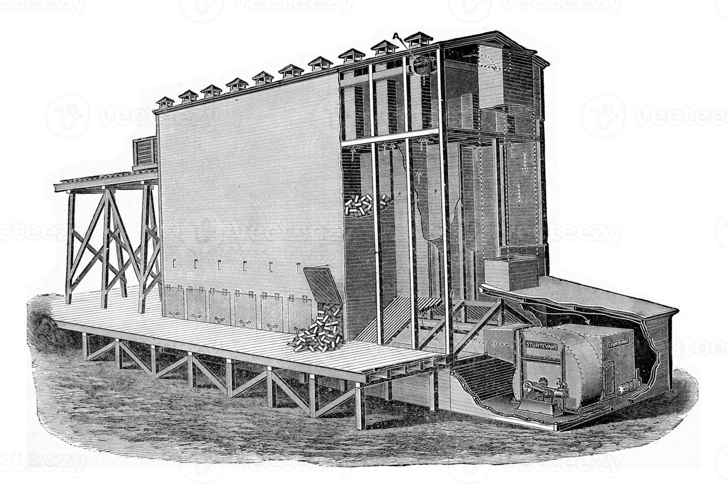 Another device for the progressive drying of wood Systeme Sturtevant, vintage engraving. photo