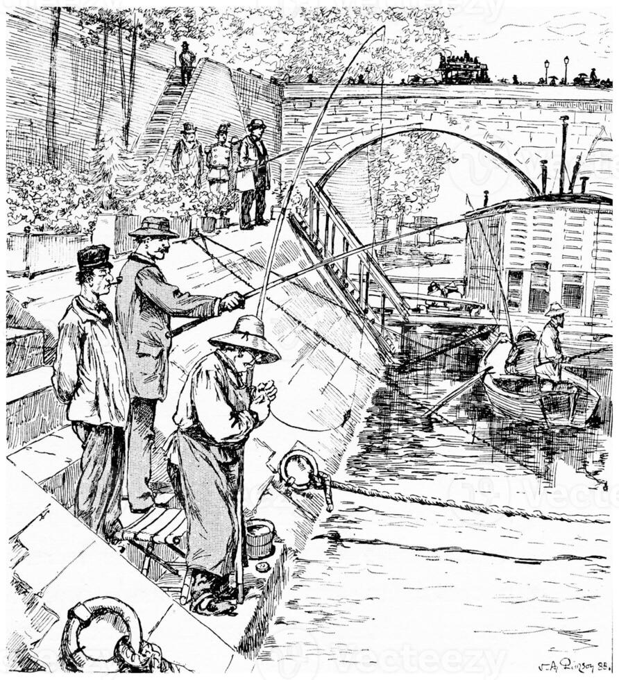 Bord de Seine, vintage engraving. photo