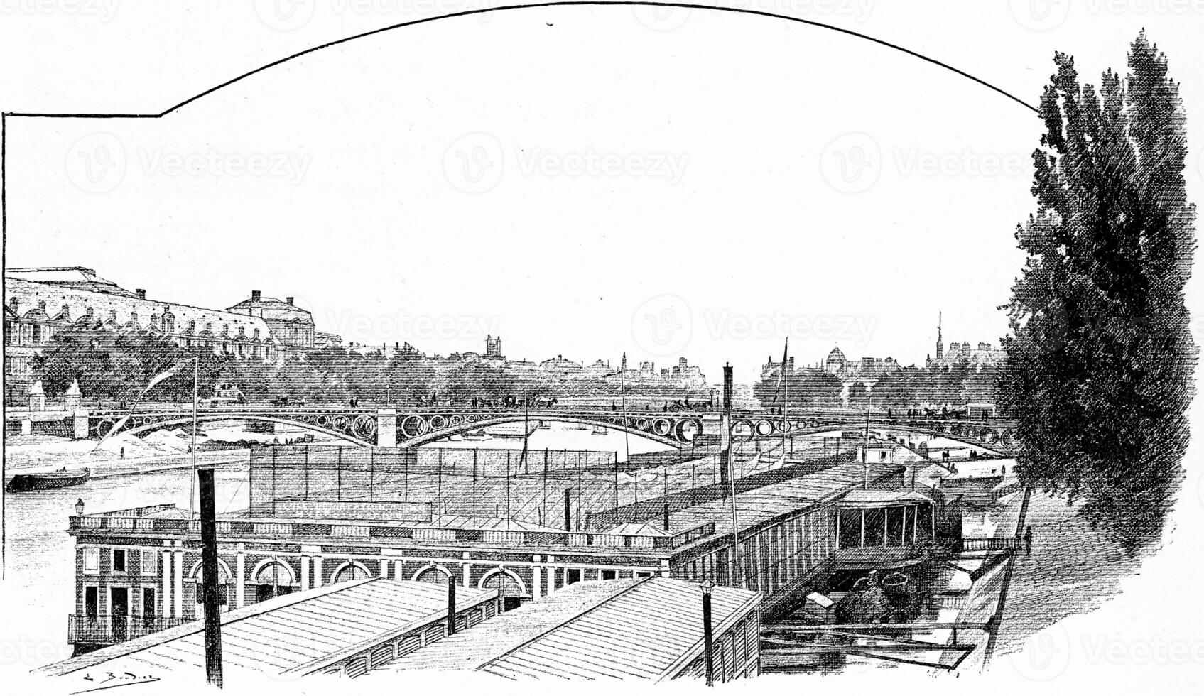 Cold baths of the Pont des Saints-Peres, vintage engraving. photo