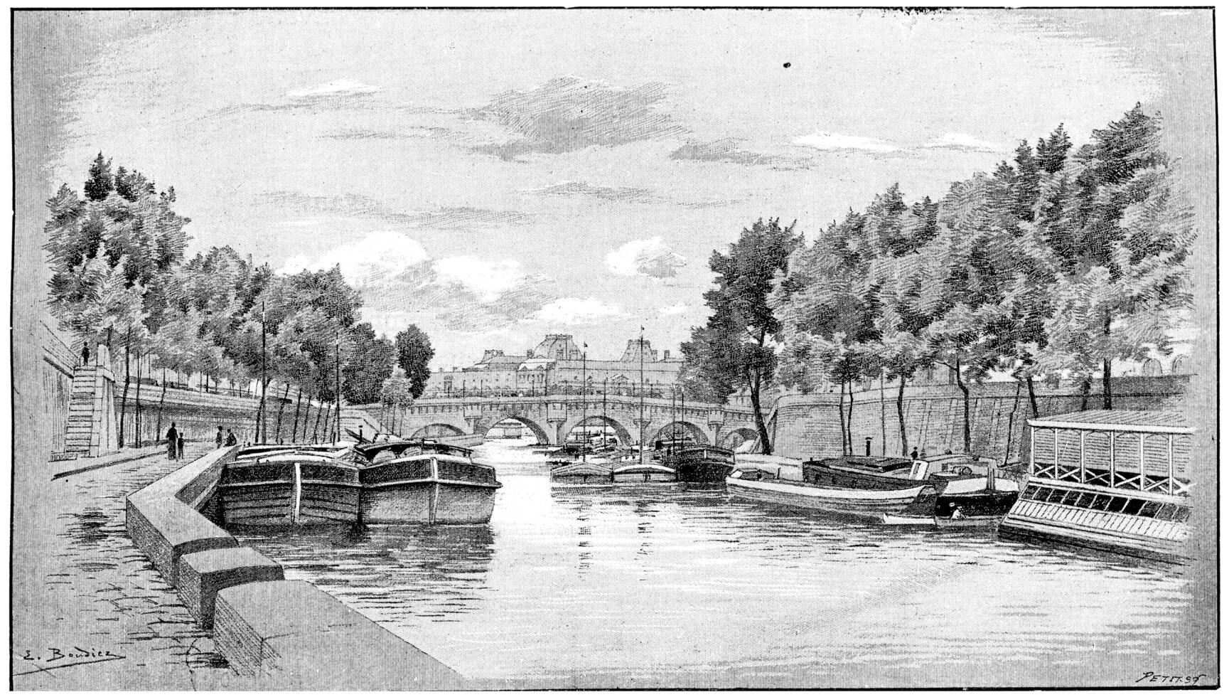 The Pont-Neuf and the Louvre seen from the Quai des Augustins, vintage engraving. photo