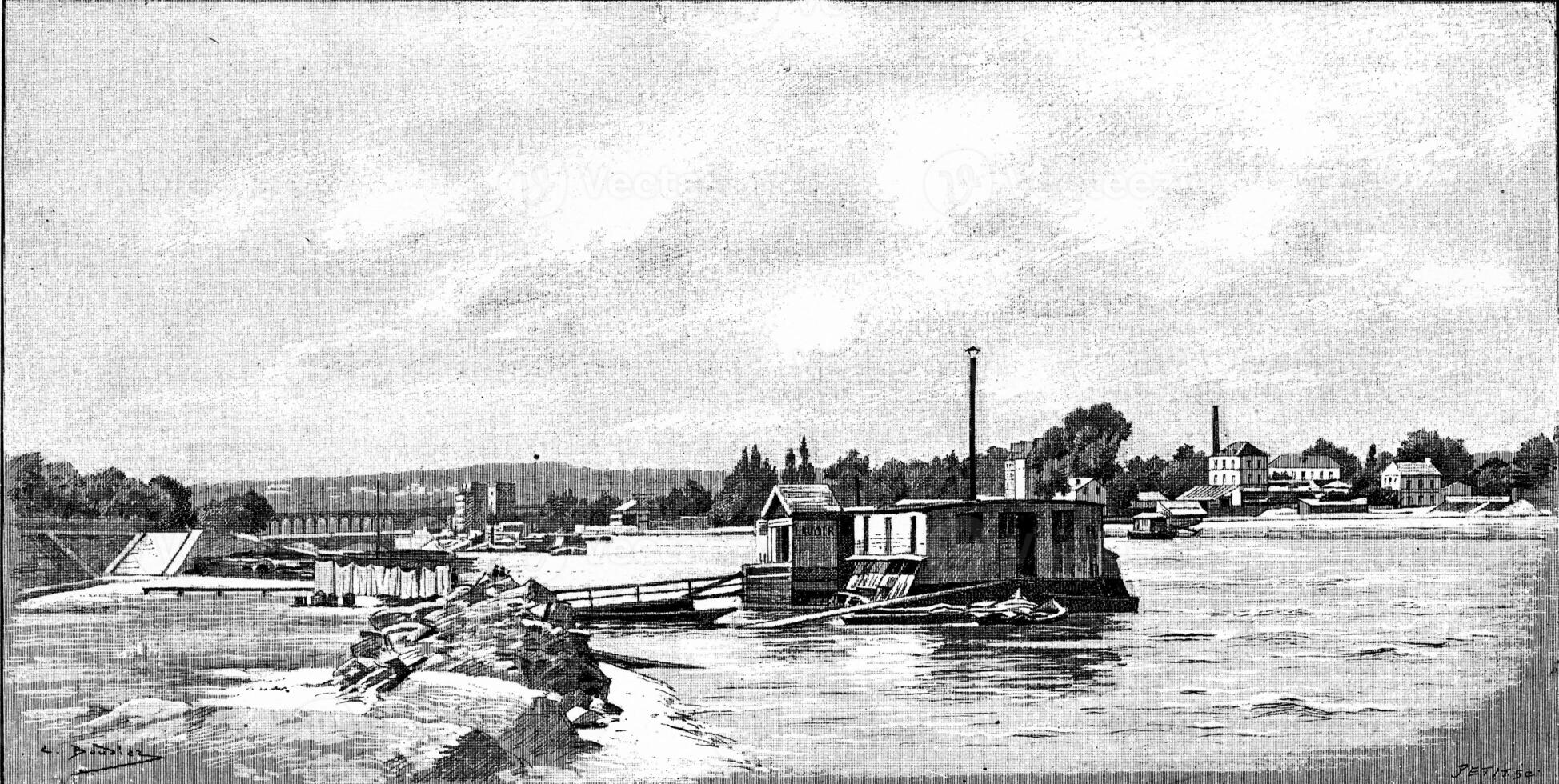 To the west of Paris the Quai de Javel, vintage engraving. photo