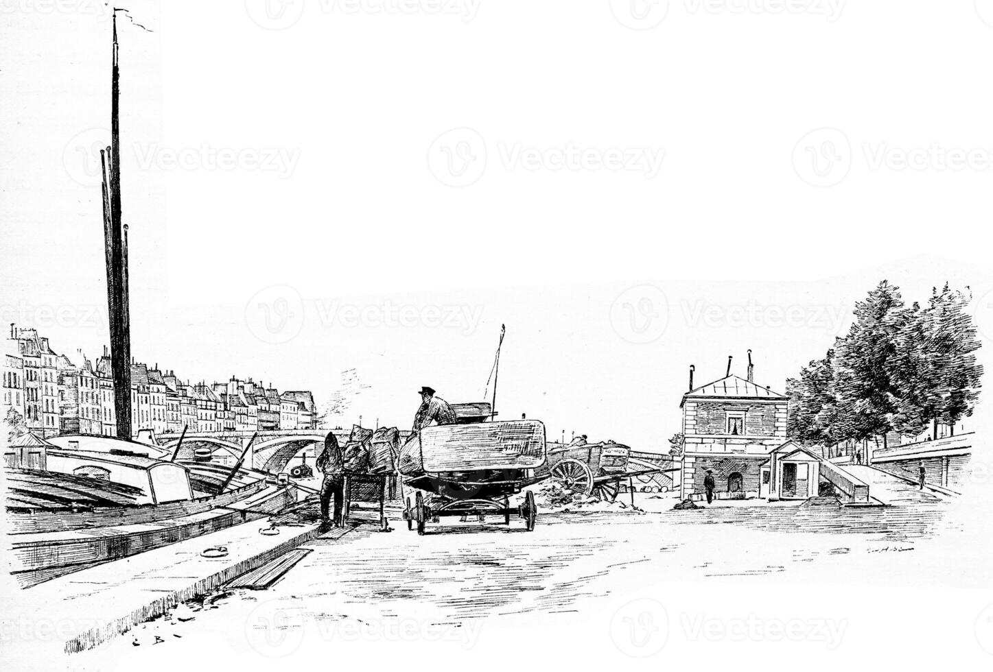 Dock and Bridge Tournelle, vintage engraving. photo