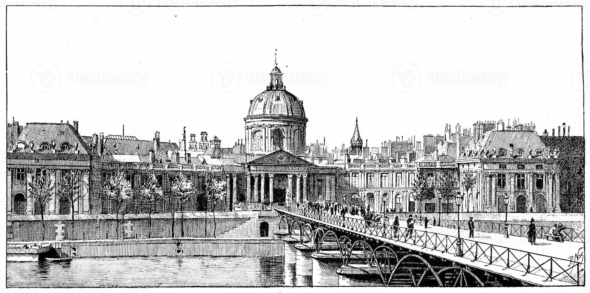 el palacio de el instituto y el puente de letras, Clásico grabado. foto