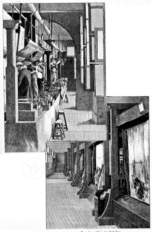 In the Gobelins workshops, vintage engraving. photo