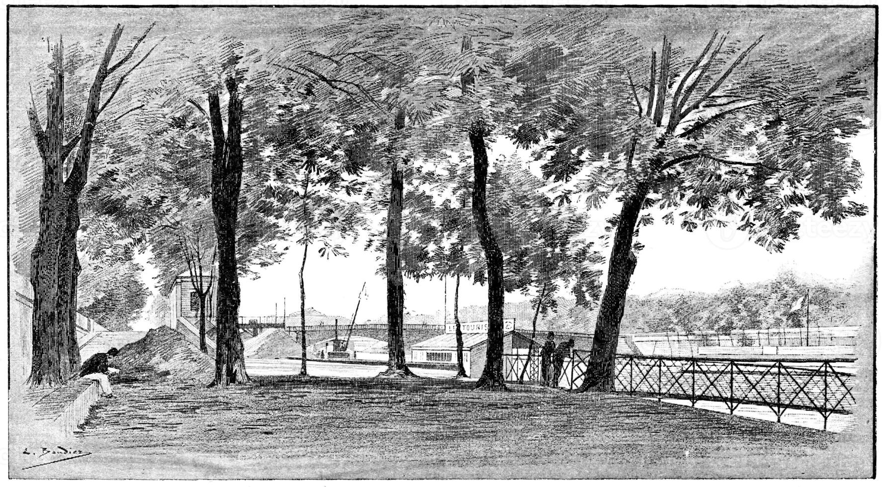 The Seine to the left bank upstream from the bridge of Solferino, vintage engraving. photo