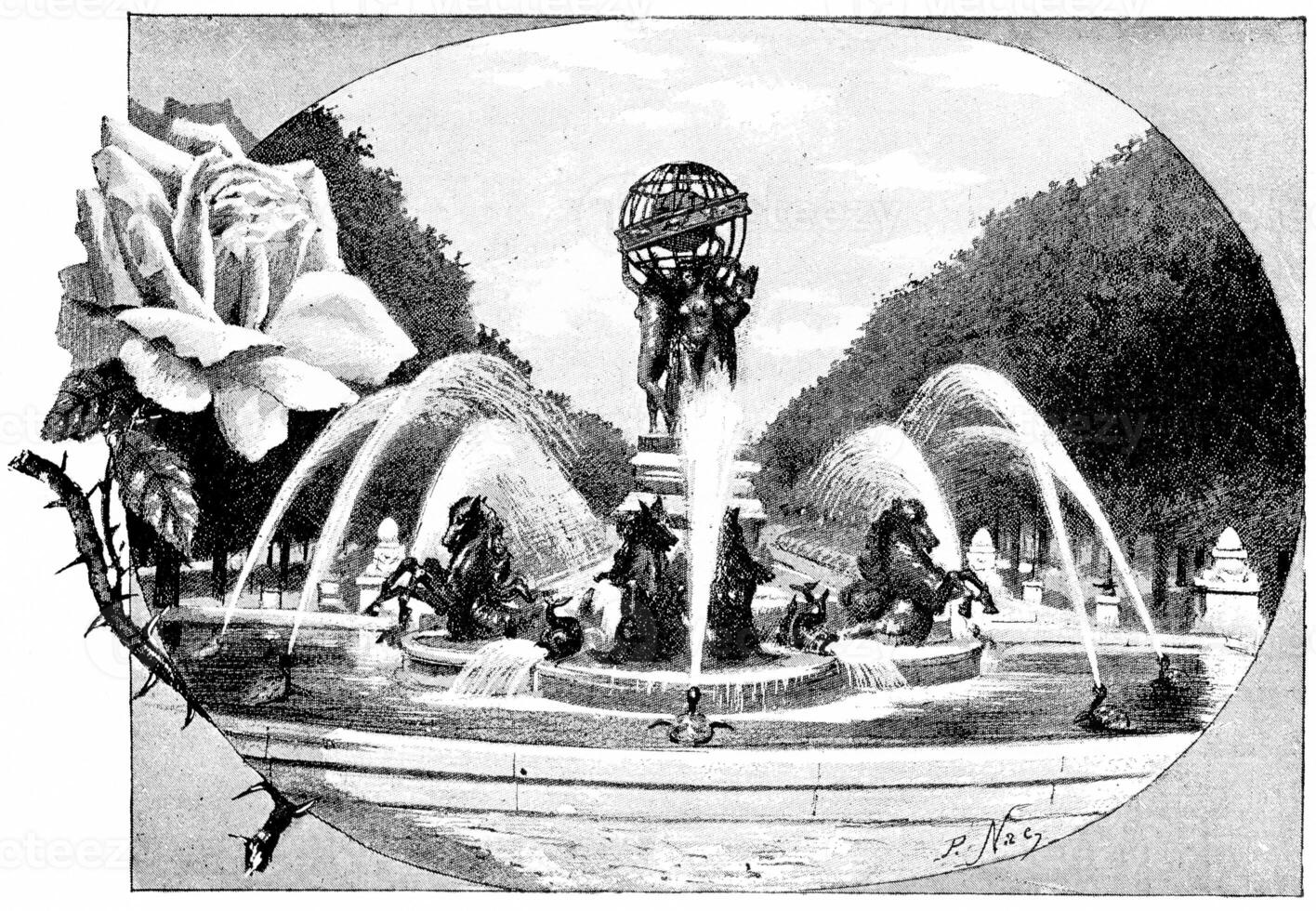 Fountain Fremiet and Carpeaux, vintage engraving. photo