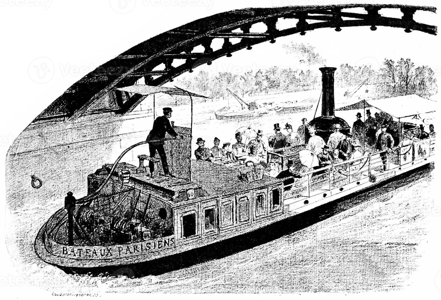 Going down the Seine, vintage engraving. photo