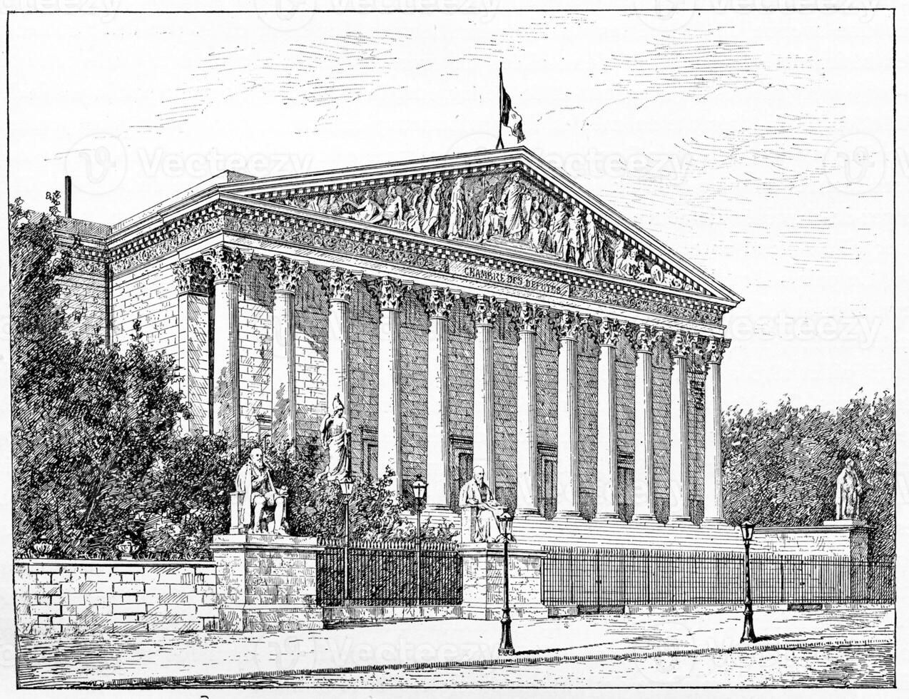 Chamber of Deputies, Peristyle of the Palais Bourbon in front of the dock, vintage engraving. photo