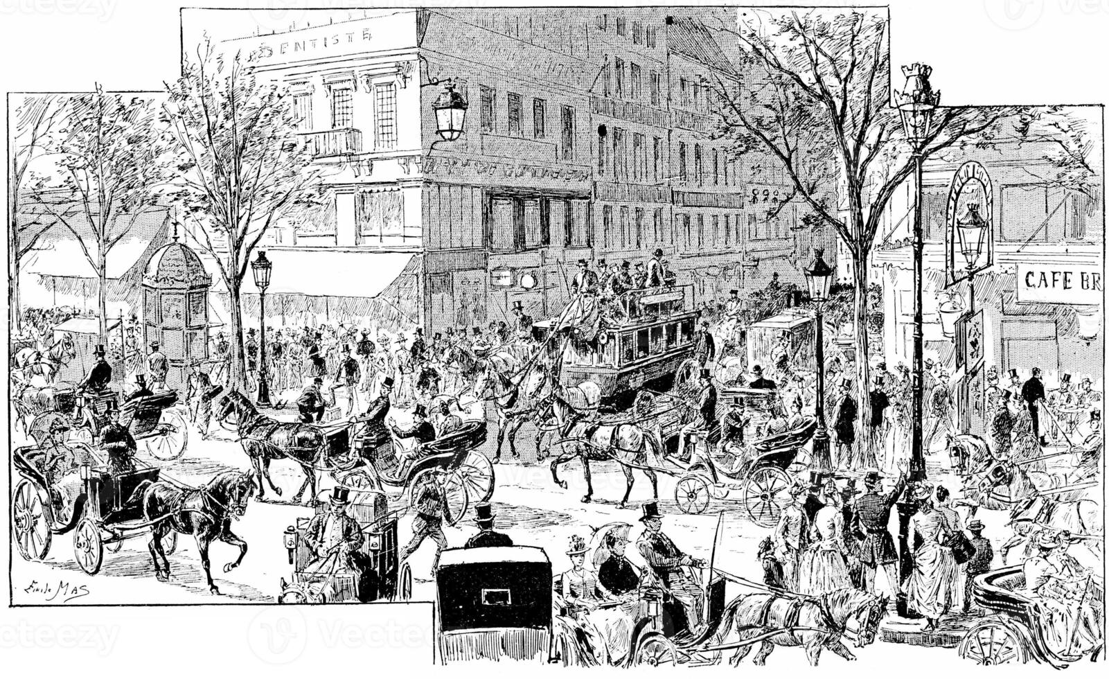 Crossroads of major boulevards and street Faubourg Montmartre, vintage engraving. photo