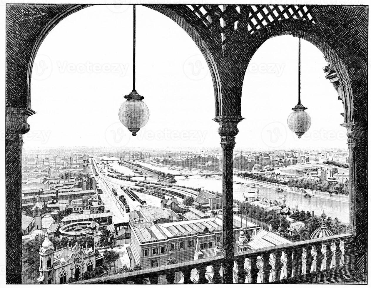 Panorama taken westward, the first platform of the Eiffel Tower during the 1889 Exhibition, vintage engraving. photo