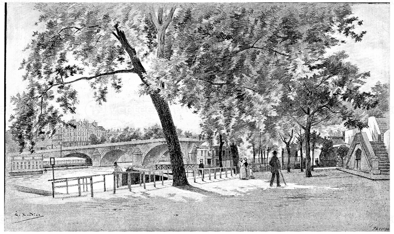 The Pont-Royal seen from the right bank, near the baths Vigier, vintage engraving. photo