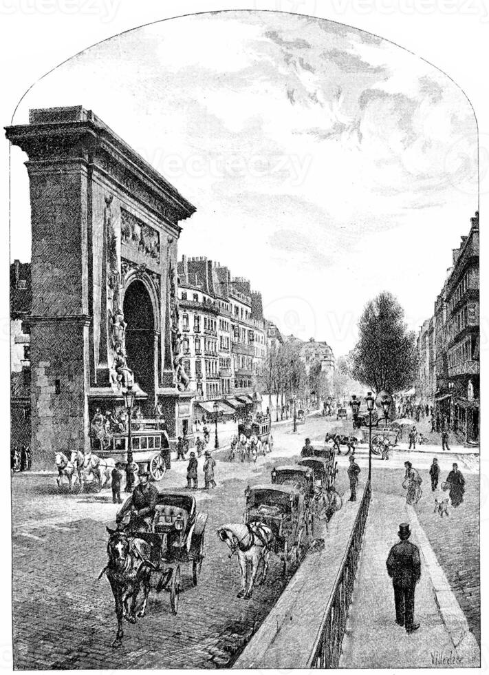 Boulevard and Porte Saint Denis, vintage engraving. photo