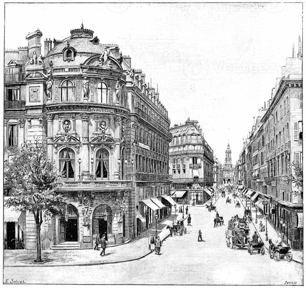 Vaudeville Theatre, Rue de la Chaussee d'Antin, Holy Trinity, vintage engraving. photo
