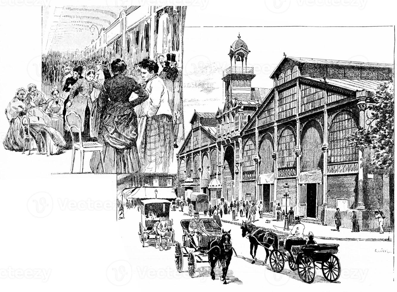 The central aisle, Market Hall, vintage engraving. photo
