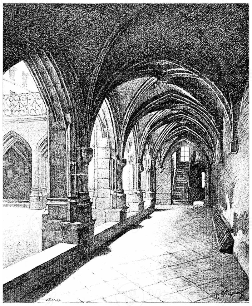 Cloister of the fifteenth century, Rue des Billets, vintage engraving. photo