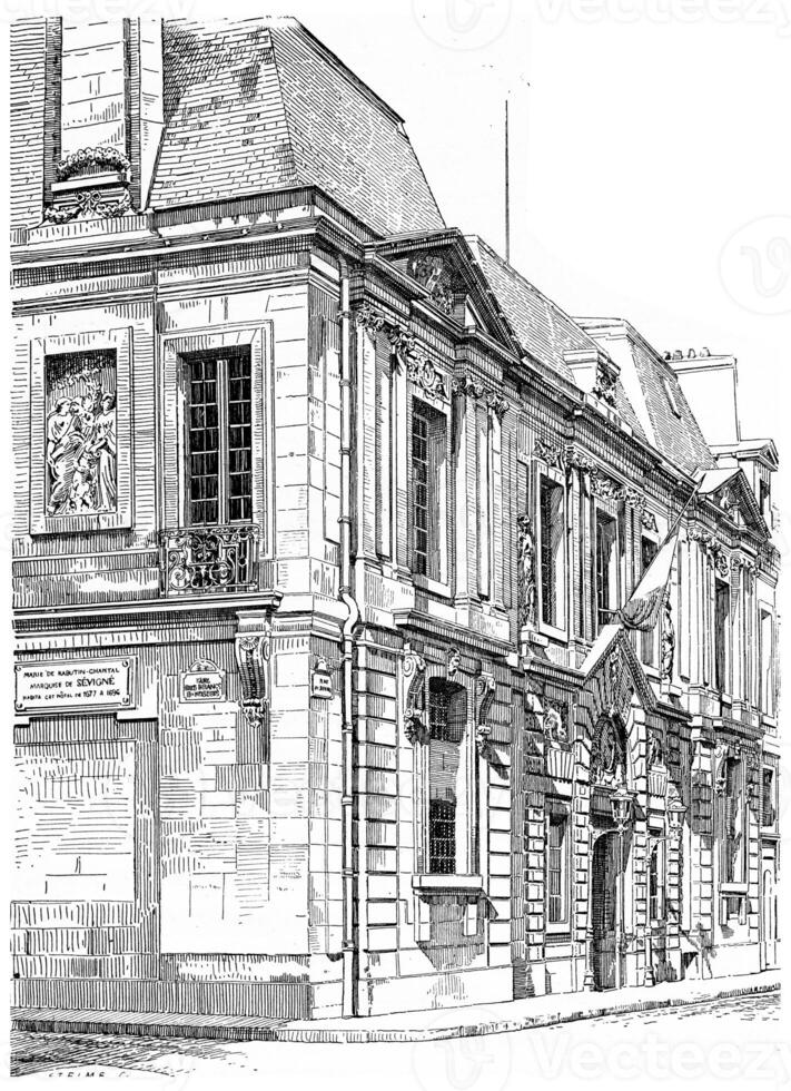 Enter the Carnavalet museum, rue de Sevigne, vintage engraving. photo