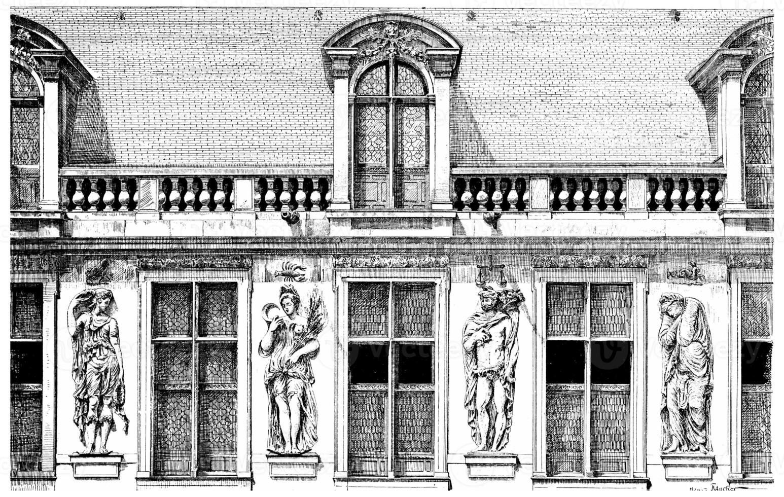 Facade of the Hotel Carnavalet, the courtyard, decorated with four seasons, vintage engraving. photo