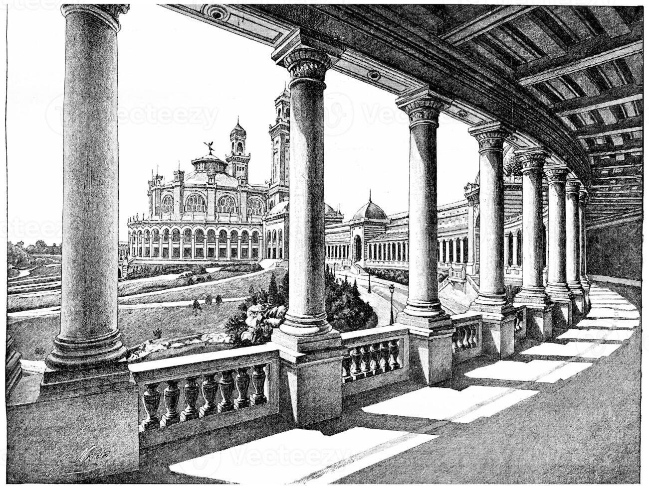 The palace of the Trocadero given its large gallery, vintage engraving. photo