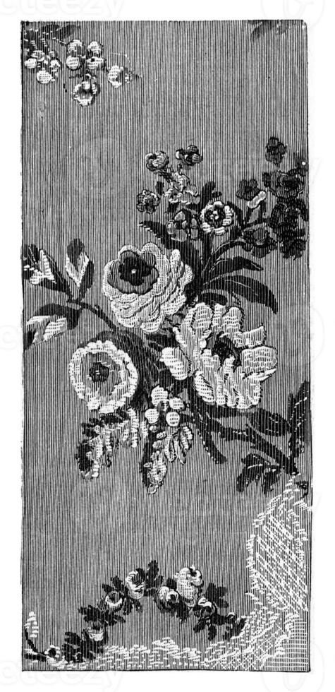French silk, brocade color on green background of water, first half of the reign of Louis XV, vintage engraving. photo