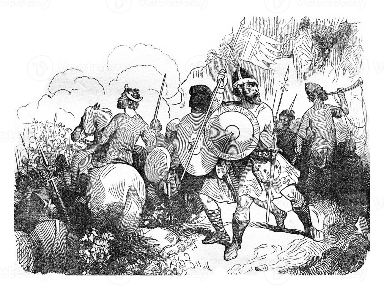 Saxon warriors in the eleventh century, vintage engraving. photo