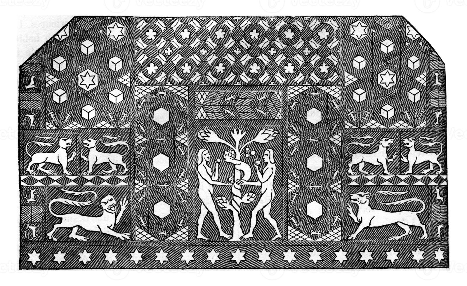 Mosaic time of Edward III, It is in Ely, in the former chapel of the prior, and represents the tentatio of Adam and Eve, vintage engraving. photo
