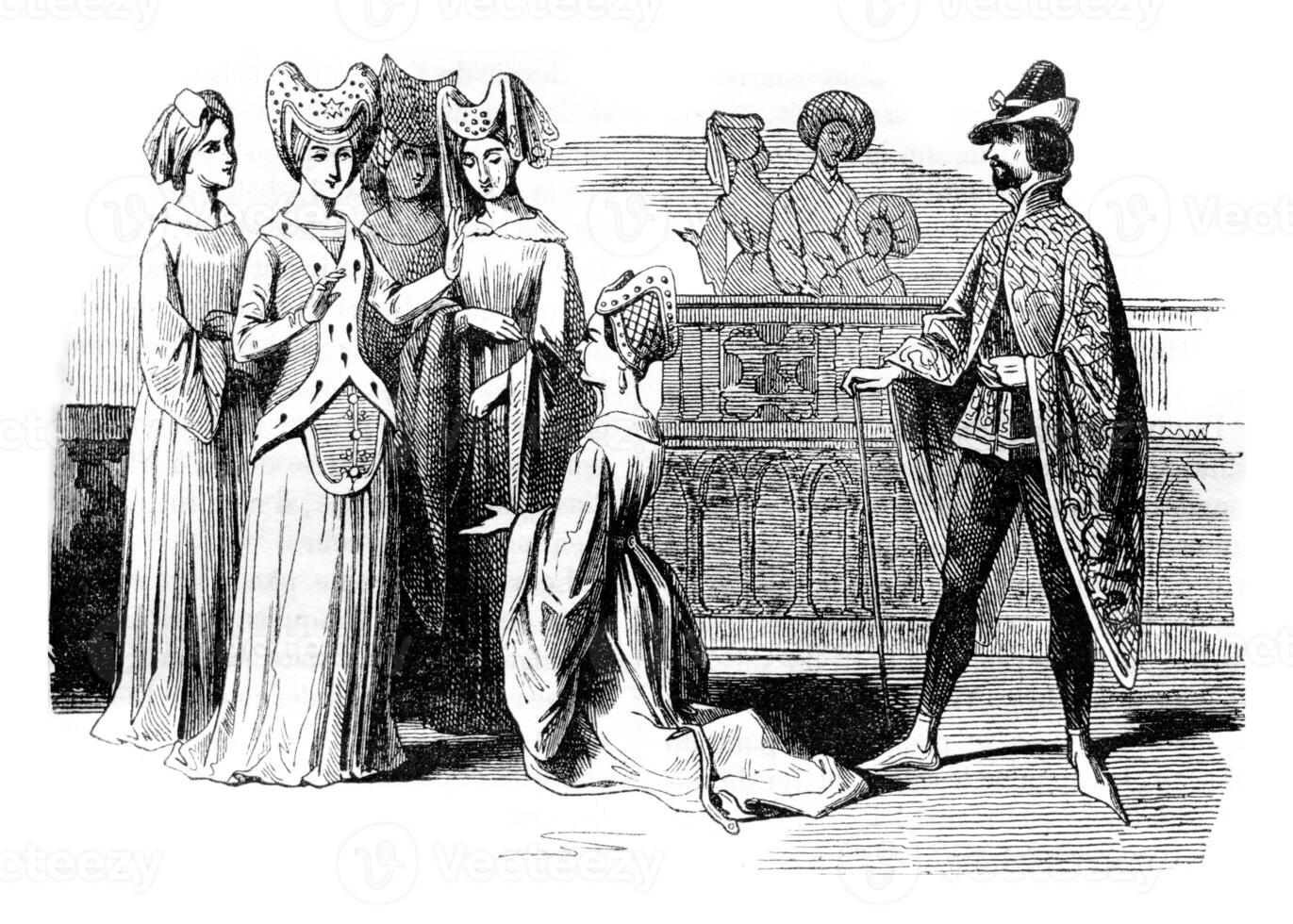 Costumes of time of Henry II, vintage engraving. photo