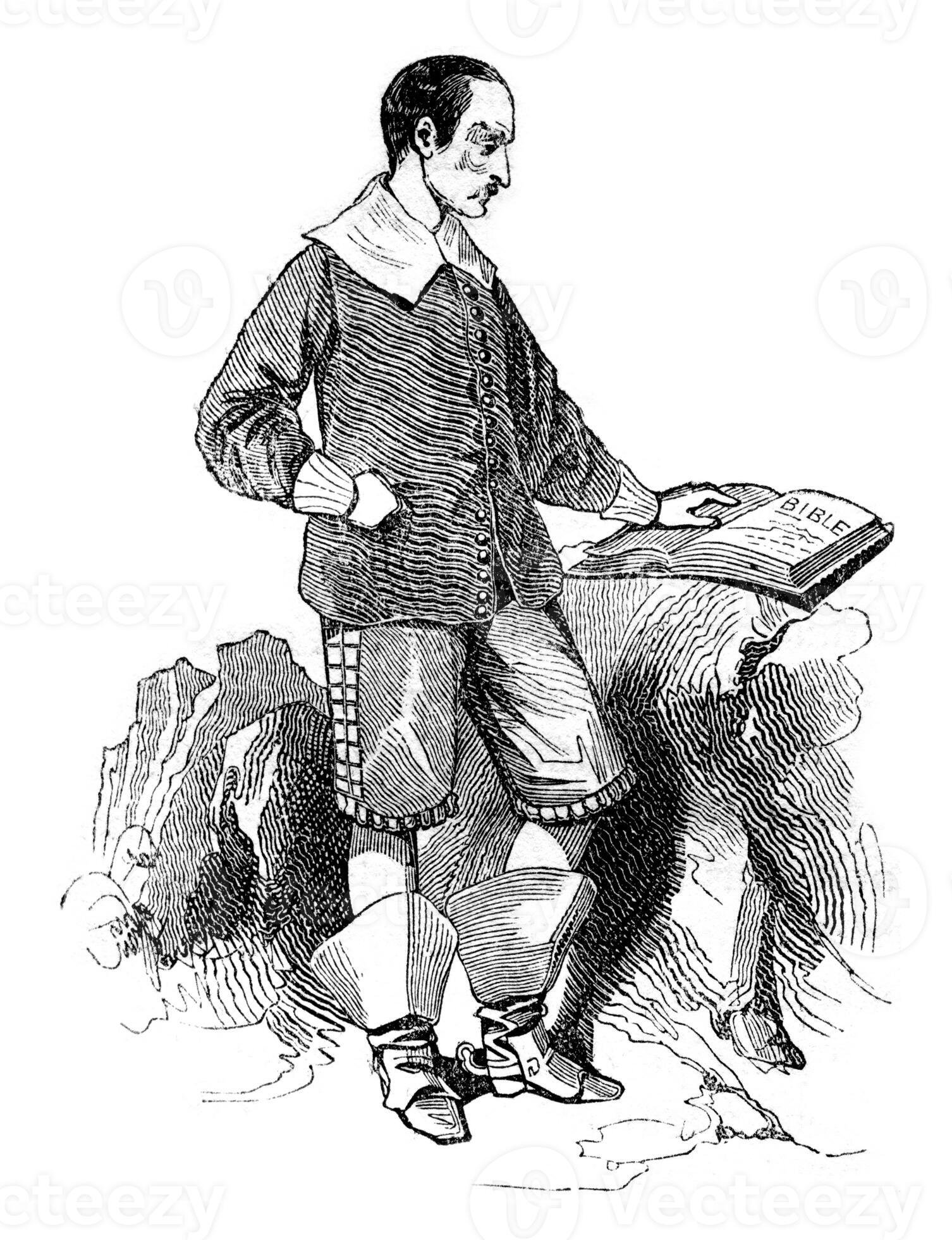 Puritan costume, Lilbourn, vintage engraving. 40110263 Stock Photo at