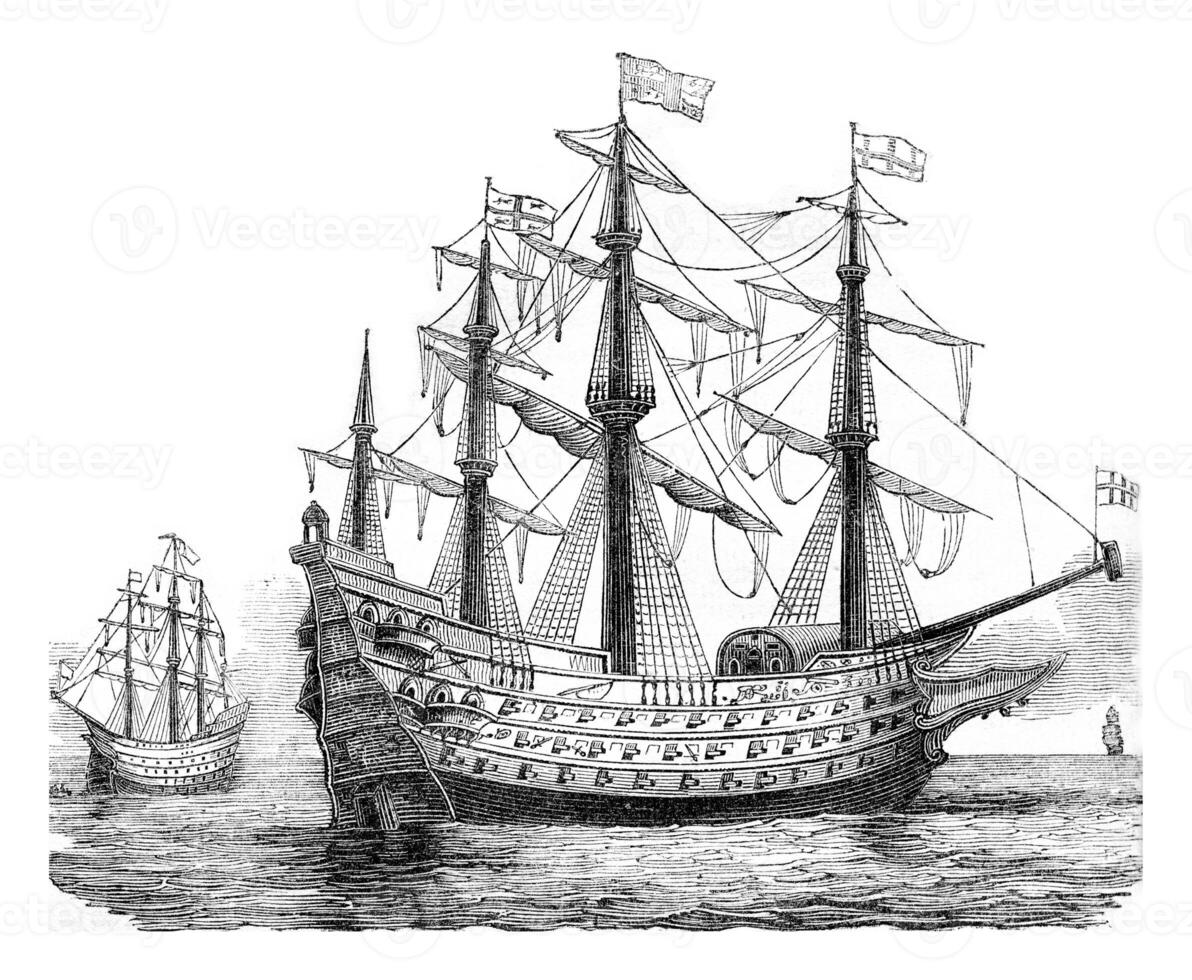 The Sovereign of the Seas, English vessel, 1650, vintage engraving. photo