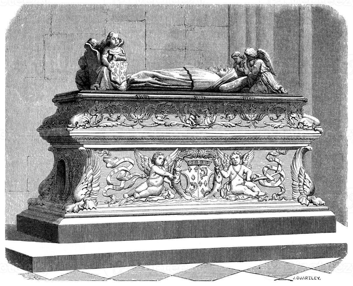 Tomb of the children of Anne of Brittany in the cathedral of Tours, vintage engraving. photo