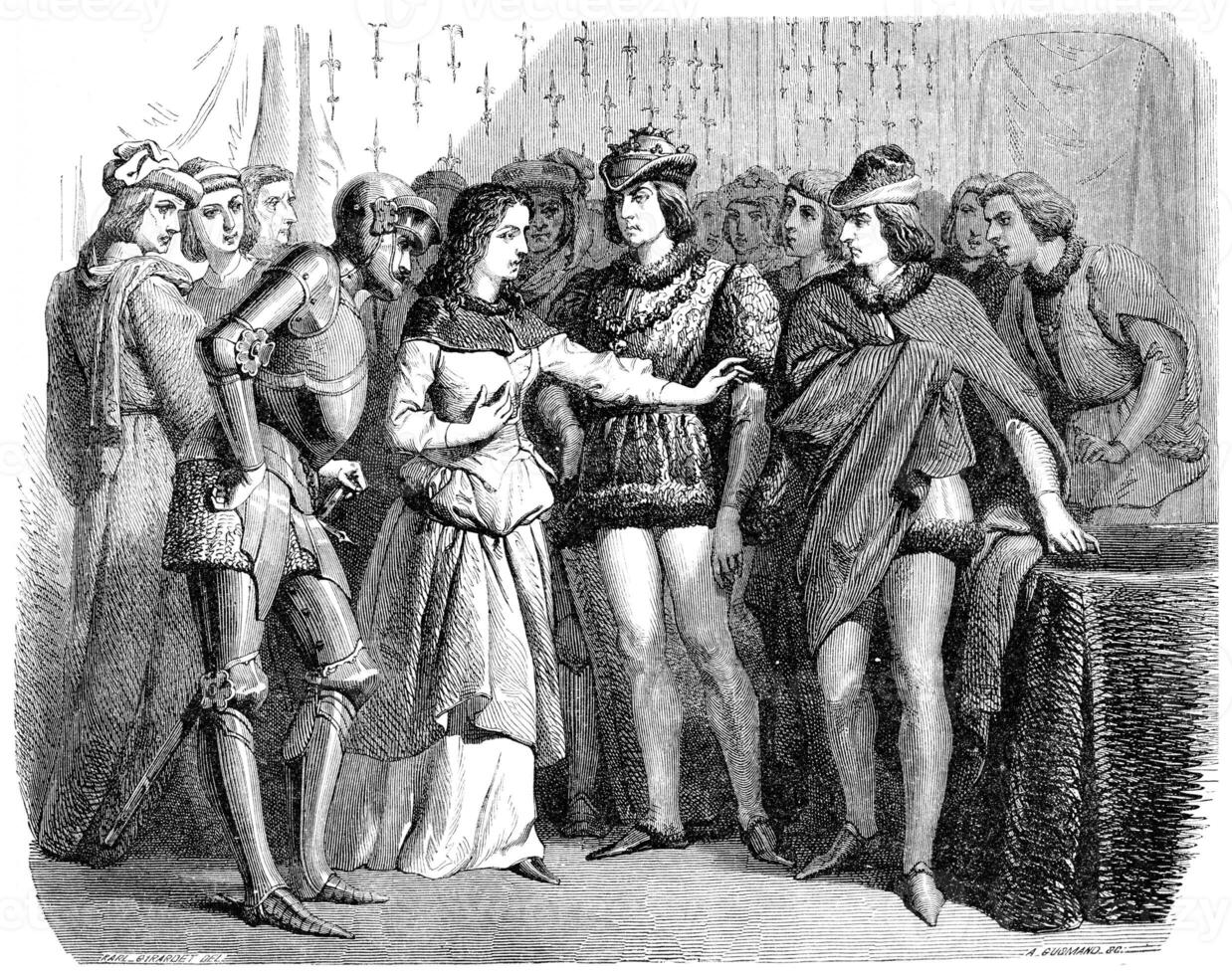 Interview of Charles VII and Joan of Arc Chinon, vintage engraving. photo