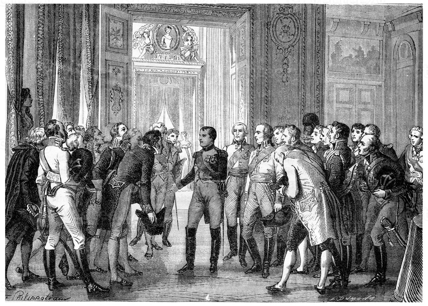 Napoleon in Dresden, vintage engraving. photo