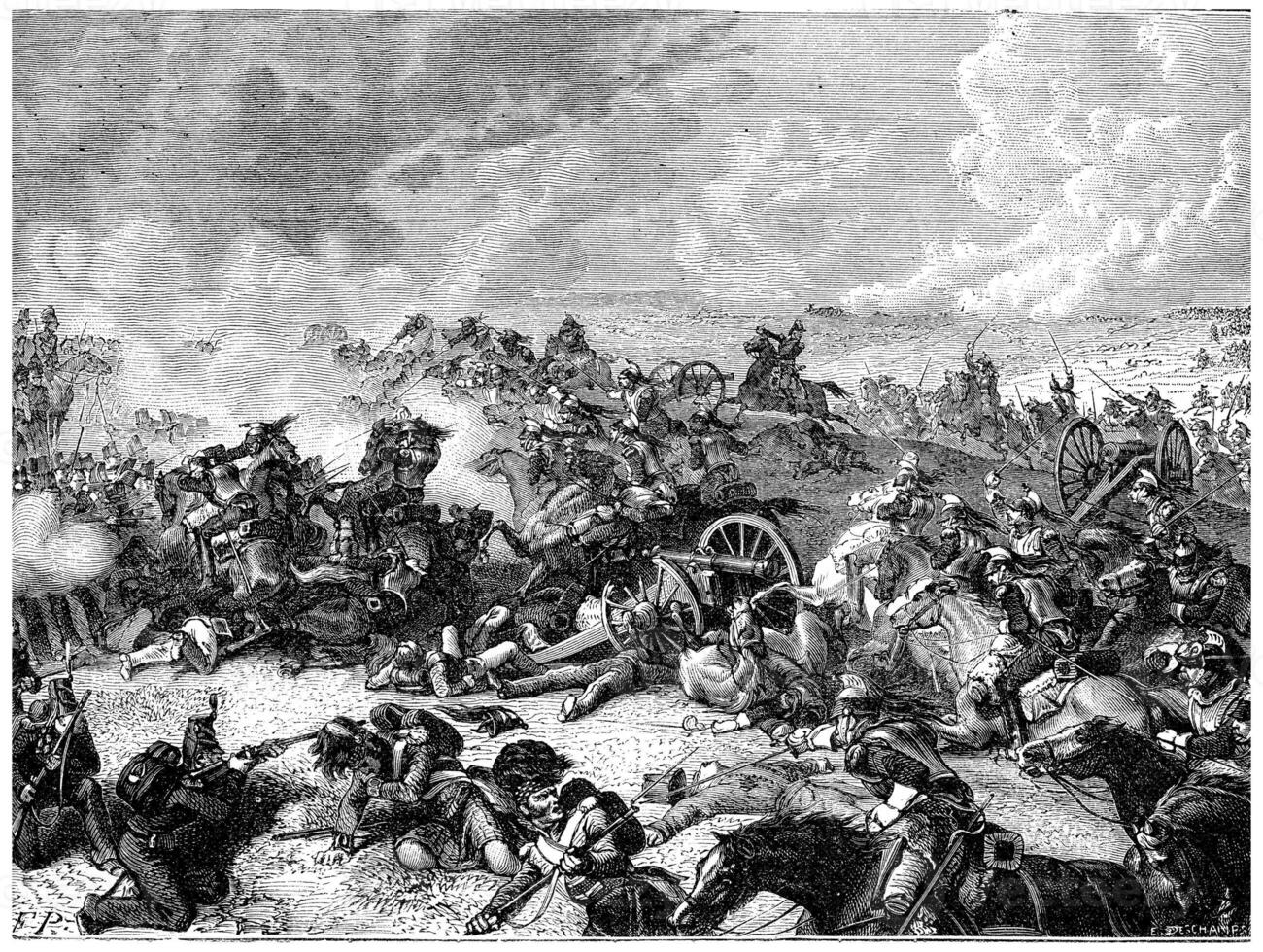 Battle of Waterloo Ney charge the land of cuirassiers, vintage engraving. photo