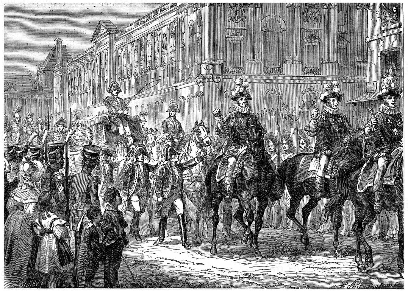 The last pump of the Monarchy, The king went to Notre Dame for the Te Deum, vintage engraving. photo